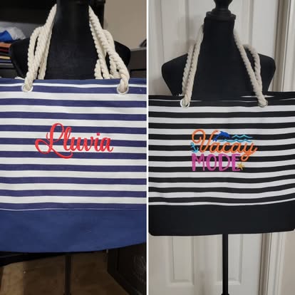 Two striped rope-handle tote bags, one embroidered 'Lluvia' in colorful script, the other with a 'Vacay Mode' beach design.